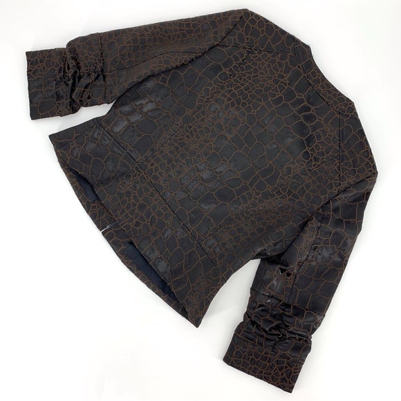 anthracite Brown Scale Print Zipper Closure 3/4 Ruched Sleeve Blazer, 10 - Picture 10 of 16